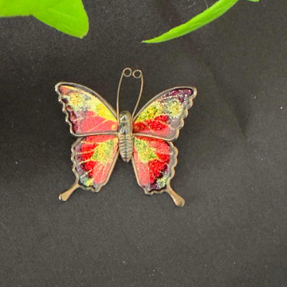 Vintage Colorful Enamel on Copper Butterfly Brooch